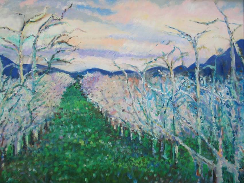 Oil painting of apple orchard