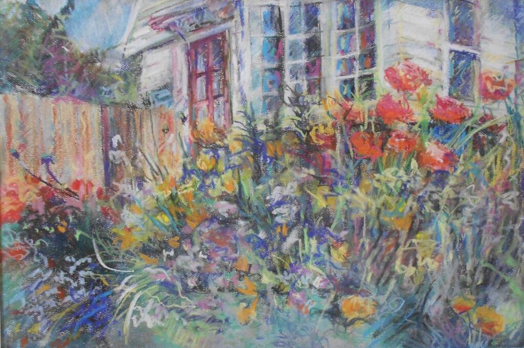 Helen Tueffel pastel of a cottage garden
