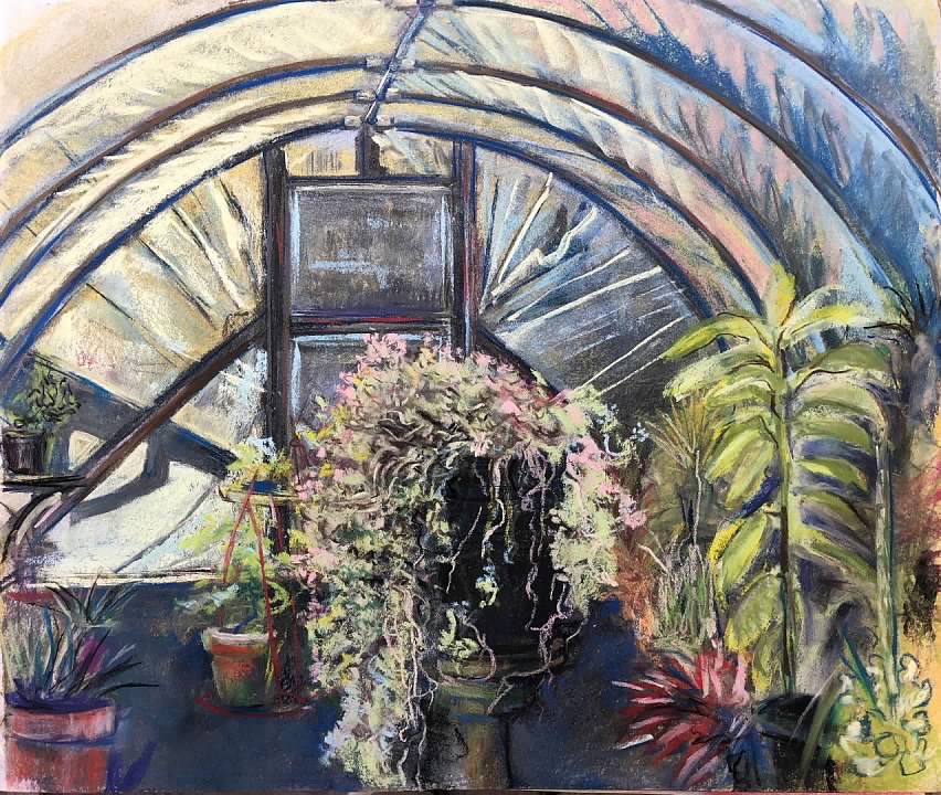 Helen Tueffel pastel of interior of greenhouse